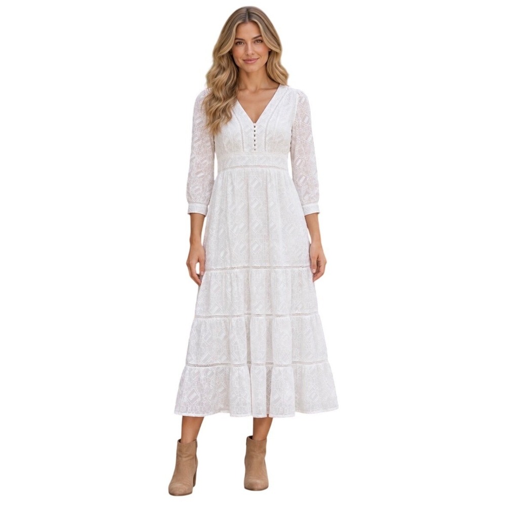 Anthropologie Somerset Embroidered Tiered Maxi Dress White V-Neck Size 6